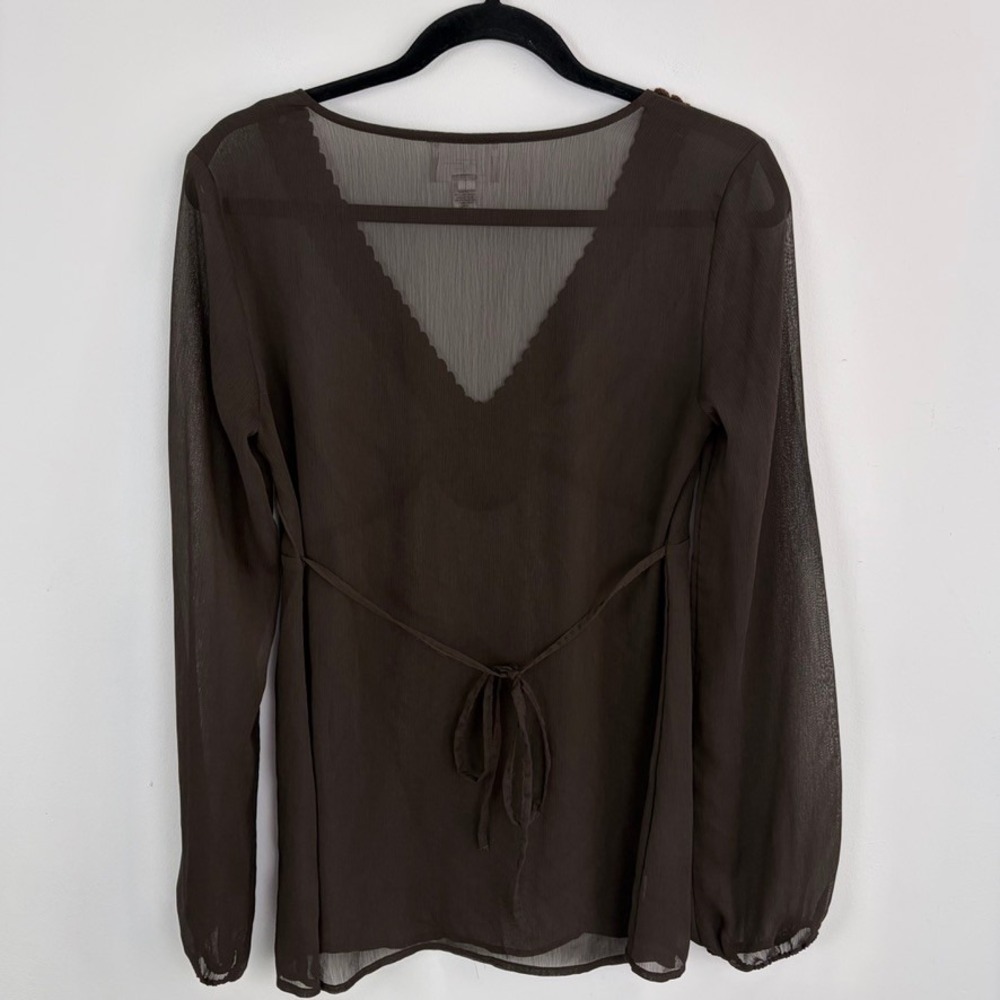 Y2K Babydoll Blouse Loft Sheer Long Sleeve Brown V-neck Fairycore Top Size 6 - Picture 6 of 8
